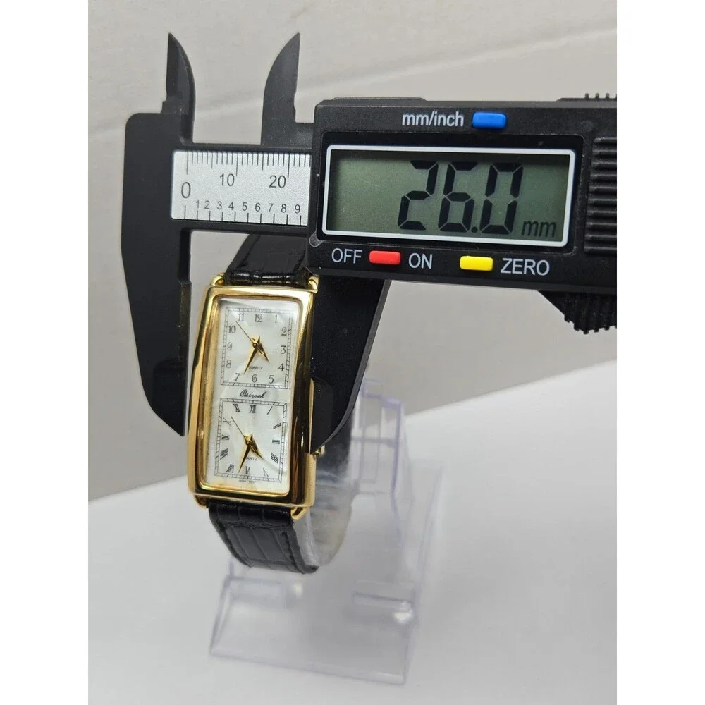 Vintage Osirock Dual Time 26mm Gold Tone Tank Watch Black Leather New Battery